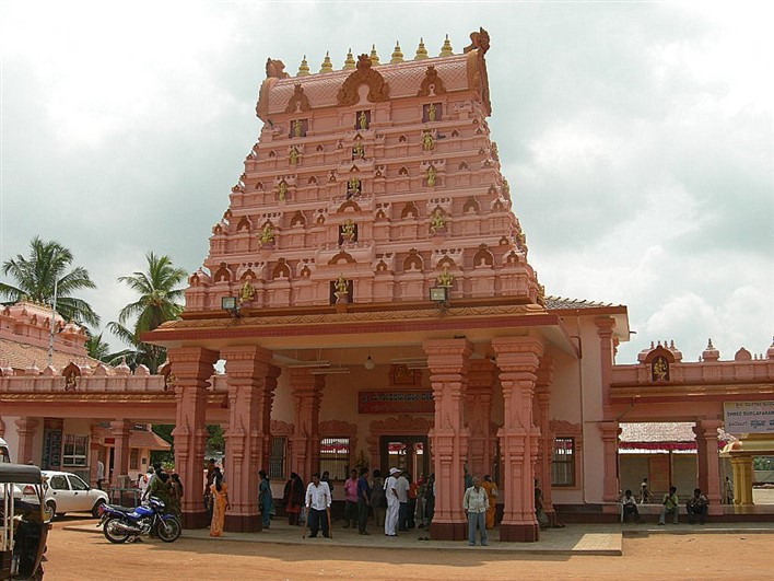 Gopuram of Shri Durgaparameshwari Temple, Bappanadu (near Mulki). Image source mangaloretaxi.com