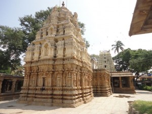 Rear view of shrine with ornate sikhara, mantapa half pillars and gopura of Someshwara Temple at Kolar